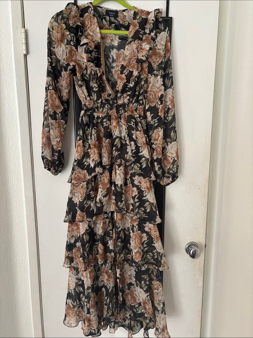 Vici Floral Tiered Maxi Dress in Black, Brown & Cream